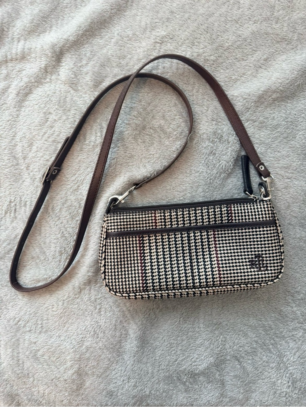 Ralph Lauren Vintage Houndstooth Crossbody Bag with Brown Strap